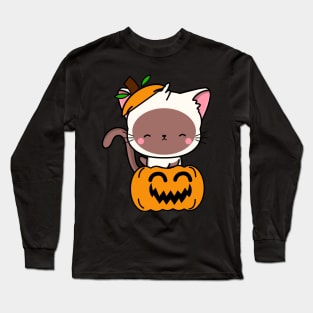 Funny white cat is in a pumpkin Long Sleeve T-Shirt